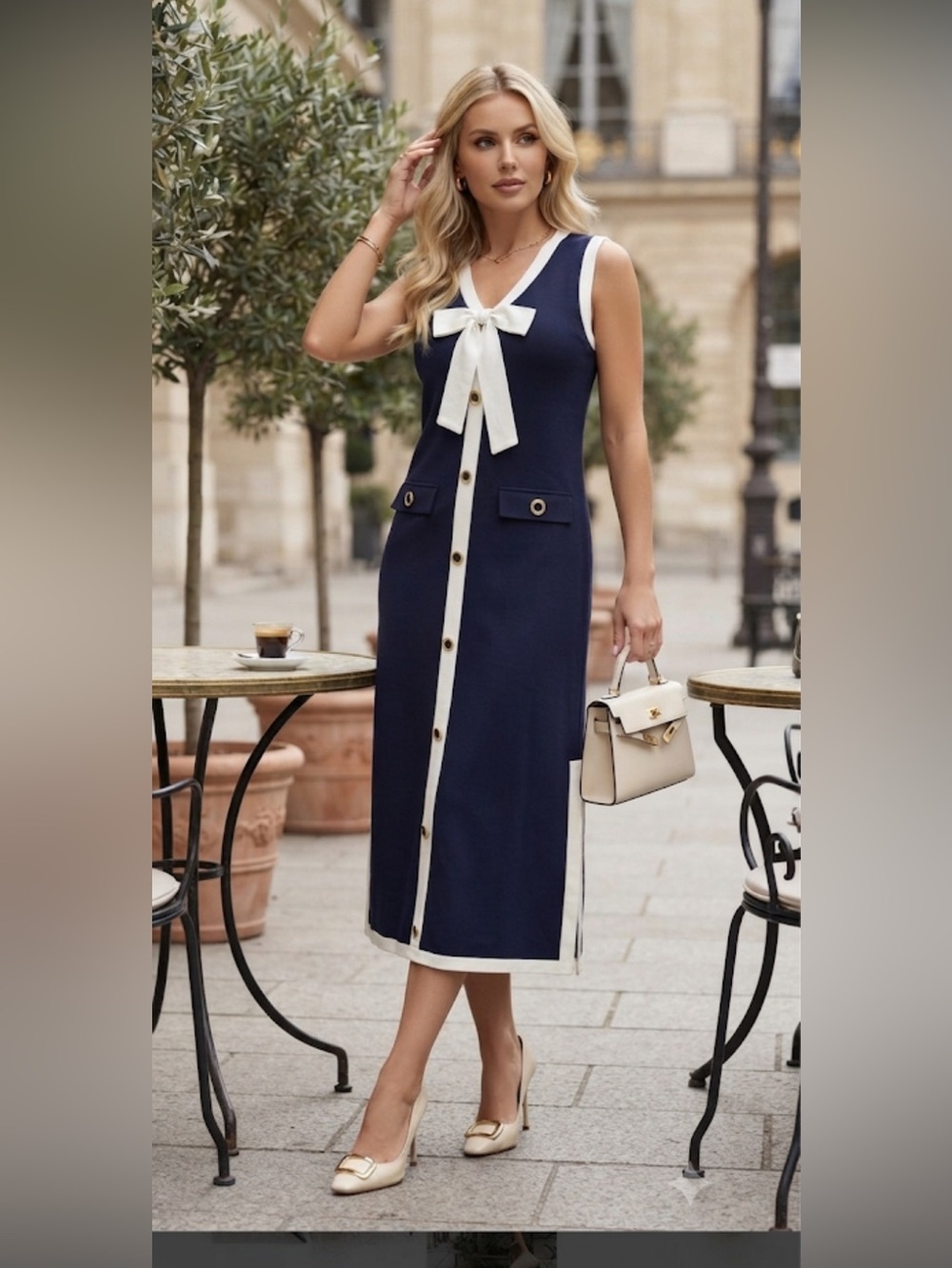 New NICOLE MILLER NEW YORK Navy/white Contrast Trim Bow Tie Midi Dress - Picture 6 of 15